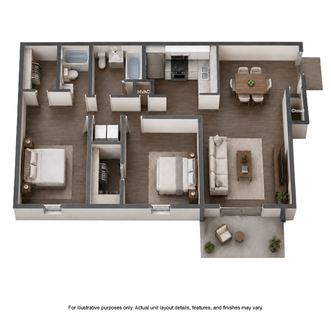 Floor plan for 2 beds, 2 baths, 1087 sqft
